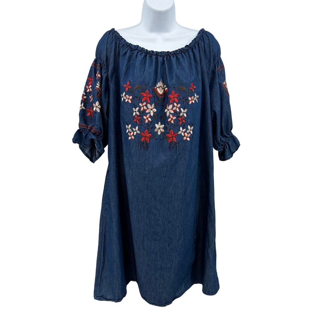 J Gee Dress WMNS 2X Blue Chambray Off Shoulder Embroidered Boho Cottagecore